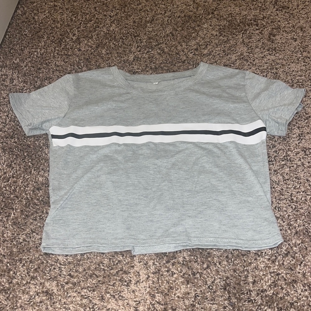 from SHEIN, grey with black and white stripe, small, crop top